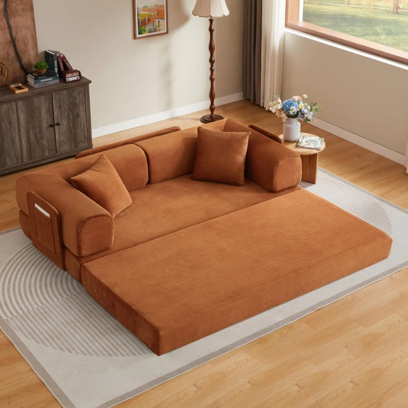 Knochenloses modulares Sofa, umbaubar in ein Bett, umfasst 2 Polster und einen Stahlrahmen, 204L x 97B x 65H cm,Terrakotta