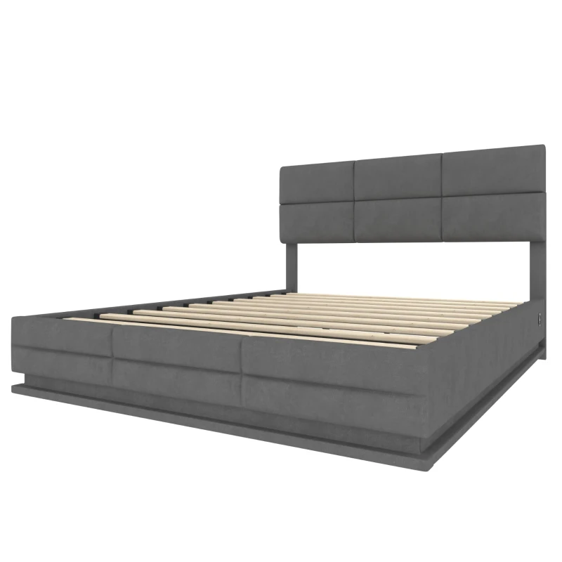 160x200 cm modernes Samtkissenbett, ausgestattet mit einem dreistufigen verstellbaren Kopfteil, einschließlich USB/Typ-C-Anschlüssen und LED-Umgebungsbeleuchtung, keine Matratze, 162L x 206B x 105-110-115H cm,Dunkelgrau