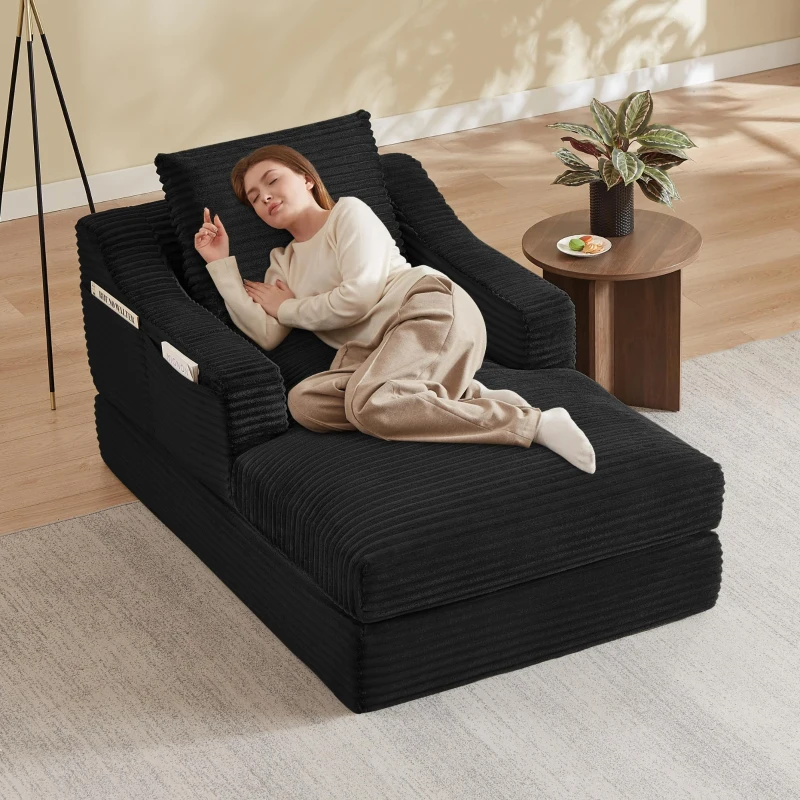 Knochenloses Cord-Freizeitsofa, doppellagiges Design, kann in ein Bett gefaltet werden, 100L x 160B x 64H cm, Schwarz