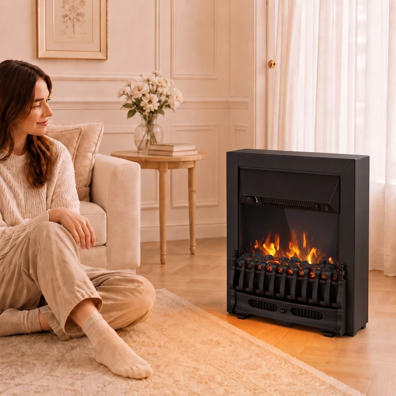 HOMCOM Electric Fireplace Stove Freestanding/ Inset, 1000W/2000W, Electric Fire Heater with LED Flame Effect, Coal Logs, Black