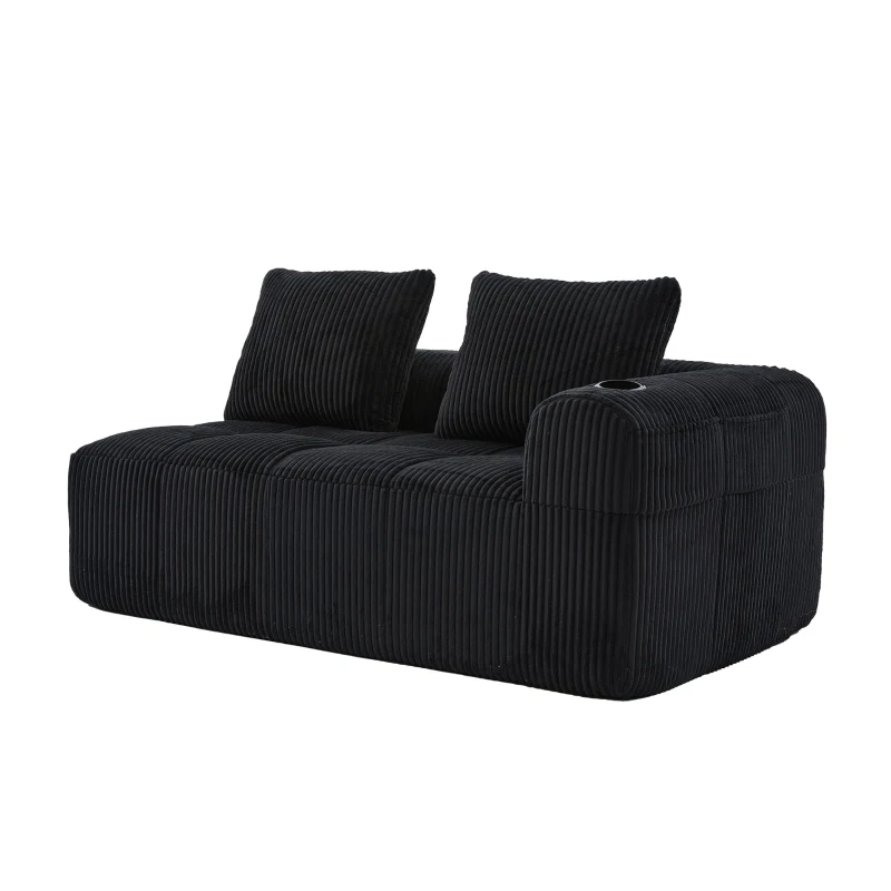 Bequemes Cordsofa mit zwei Sitzern, seitliche Aufbewahrungstasche für Fernbedienung und Handy, eingebauter Getränkehalter, 158X93X61 cm, Schwarz