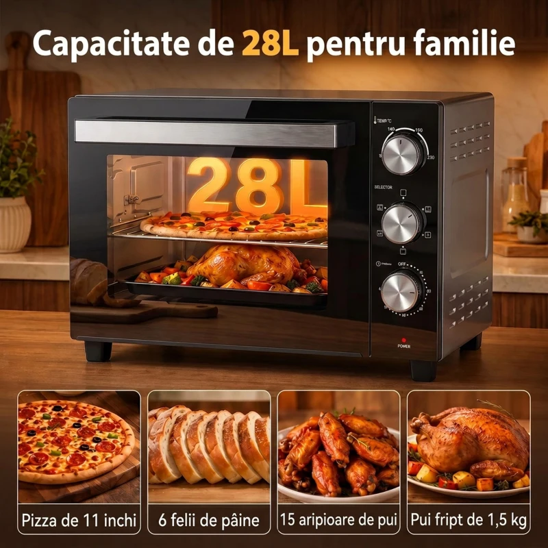 HOMCOM Cuptor Electric 1500W 28L cu Temperatură Reglabilă până la 230°C, Timer 60 min, Grătar, Tavă și Mâner pentru Tavă