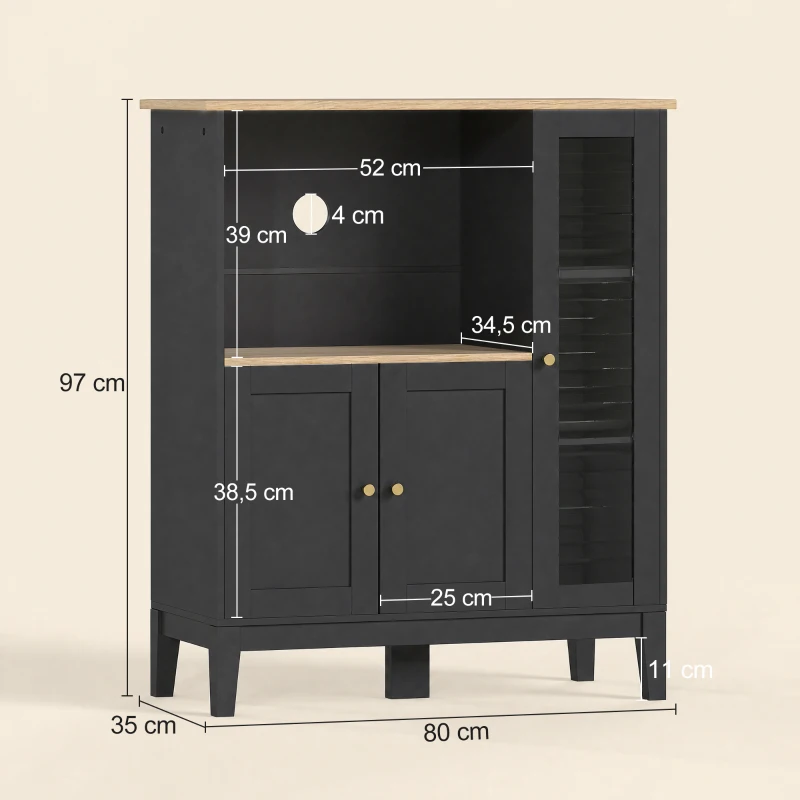 HOMCOM Mueble armario microondas para cocina con 1 nicho, 3 puertas pasacables 80 x 35 x 97 cm negro y aspecto madera