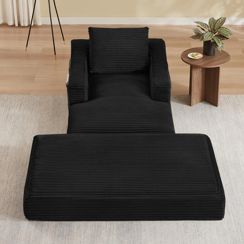 Knochenloses Cord-Freizeitsofa, doppellagiges Design, kann in ein Bett gefaltet werden, 100L x 160B x 64H cm, Schwarz
