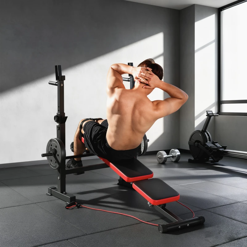 SPORTNOW Panca Fitness con Rack per Pesi, Schienale e Sedile Regolabili, Dip Station, Capacità 420 kg