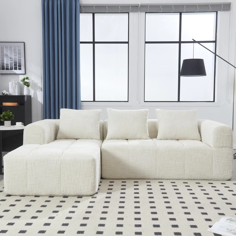 Modernes L-förmiges Wildledersofa, 3 Kissen, fernbedienbare Seitentaschen, 250L x 158B x 60H,Beige