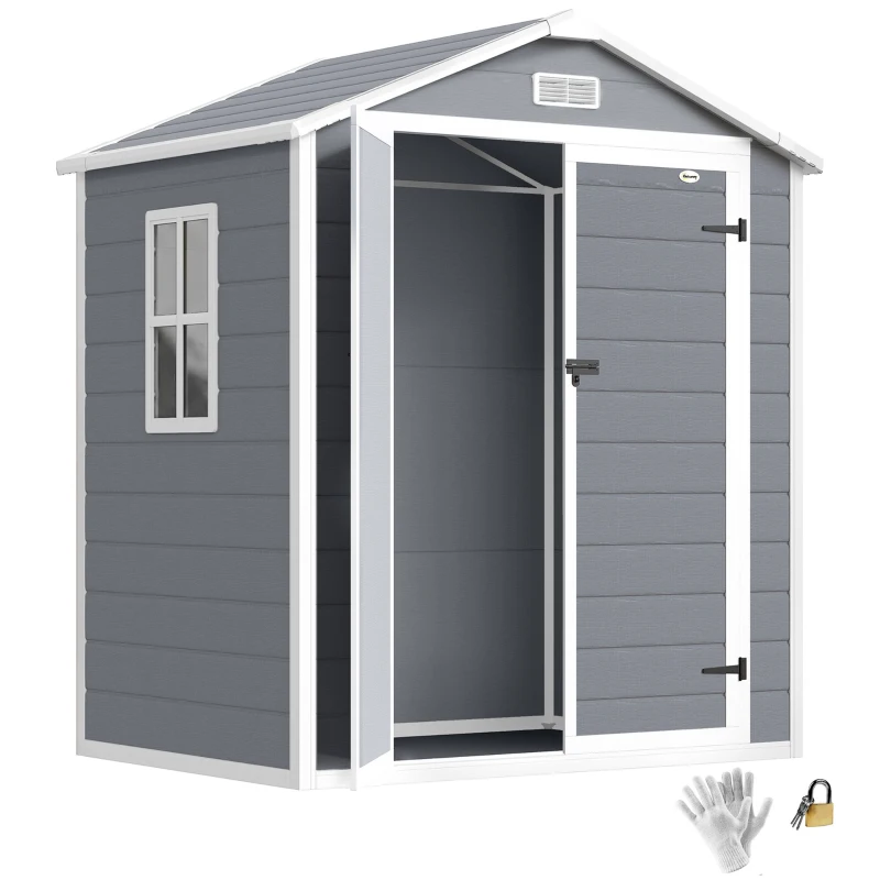 Outsunny 6x4.5ft Garden Storage Shed, Lockable Shed for Small Terraced Gardens with Double Doors, Window, Vent and Plastic Roof, Low Maintenance, Grey