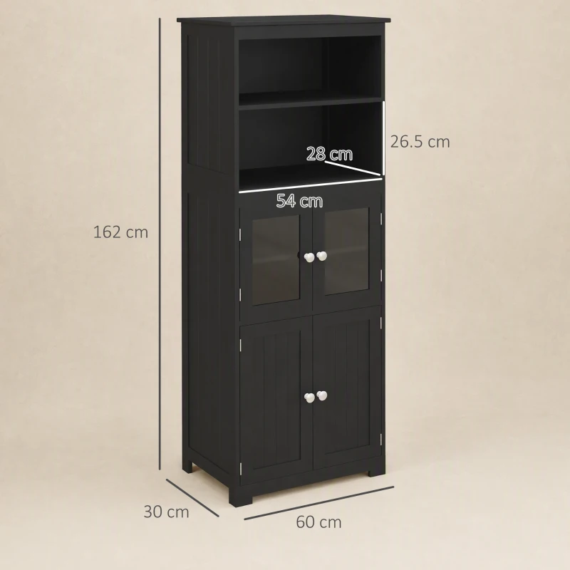 HOMCOM Dulap cămară cu 2 rafturi deschise și 2 dulapuri cu uși, din MDF și sticlă, 60x30x162 cm, negru