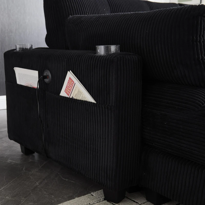 Das schwarze Cord-Doppelsofa verfügt über 2 Kissen, 4 Becherhalter und 4 Seitentaschen, kann in zwei unabhängige Sitze geteilt werden, 224L x 140B x 81H cm , Schwarz