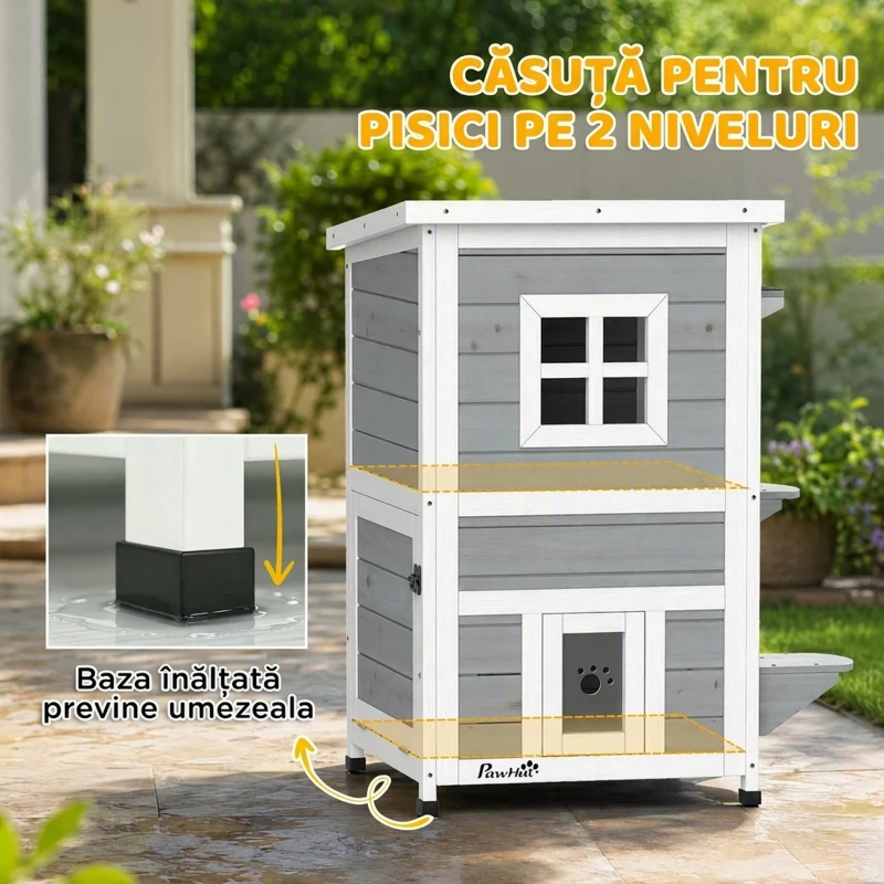 PawHut Căsuță pentru Pisici din Lemn Impermeabilă, cu 2 Niveluri și Acoperiș Rabatabil, 51 x 51 x 81,3 cm, Gri