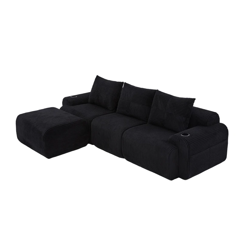 Modulares Cordsofa für drei Personen (inklusive Fußschemel), frei kombinierbar, ausgestattet mit Getränkehaltern und seitlichen Aufbewahrungstaschen, 268L x 174B x 80H cm, Schwarz