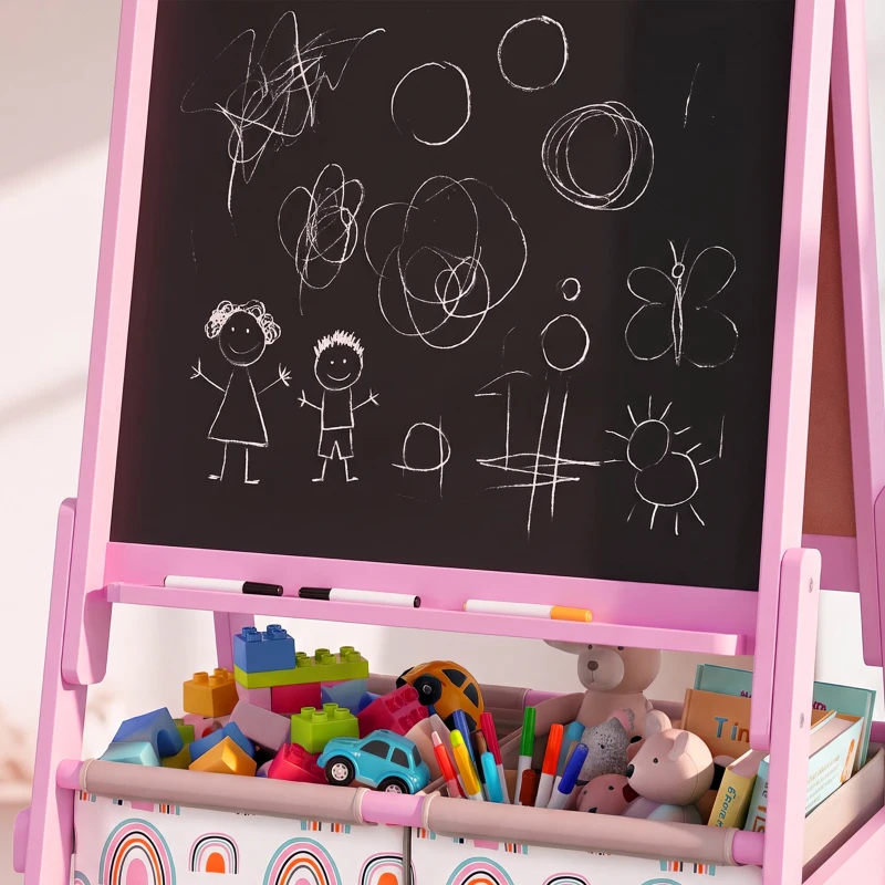 AIYAPLAY Lavagna per Bambini 3 in 1 a Doppia Facciata con Cavalletto, Rotolo di Carta, 2 Contenitori, 3-8 Anni, Rosa