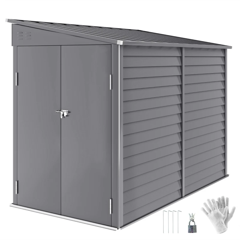 Outsunny 5 x 9ft Galvanised Metal Garden Shed with Foundation Kit, Outdoor Lean-to Shed, Tool Storage House for Garden, Grey