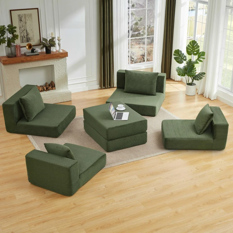 Knochenlose Sofabestuhlung mit rutschfester Basis, mit breiten Armlehnen, bequemen Rückenlehnen und einem hochelastischen Polster, Maße 259,5 L x 96 B x 64,5 H cm, Grün