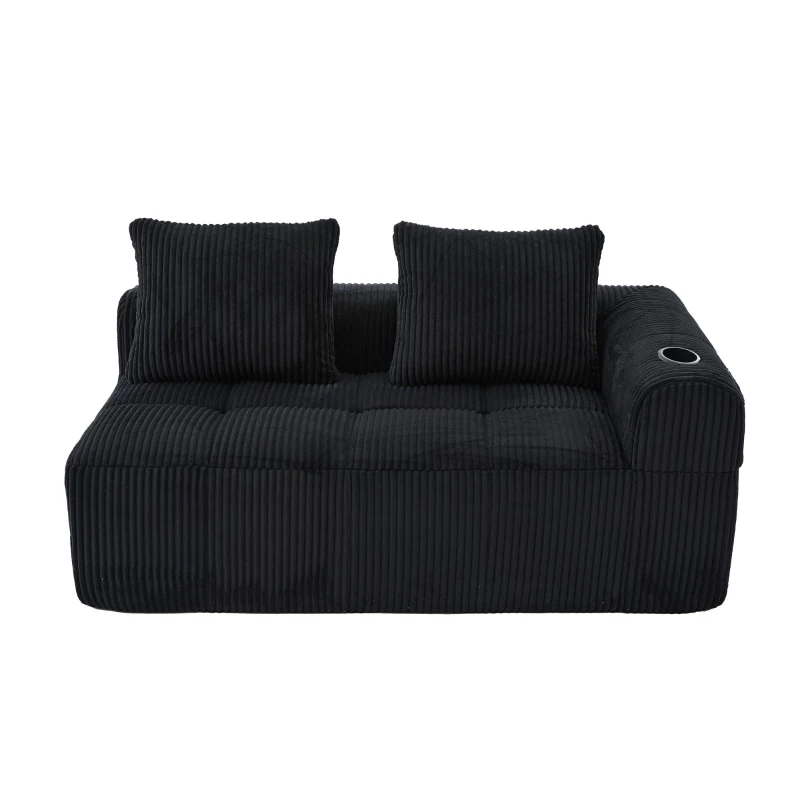 Bequemes Cordsofa mit zwei Sitzern, seitliche Aufbewahrungstasche für Fernbedienung und Handy, eingebauter Getränkehalter, 158X93X61 cm, Schwarz