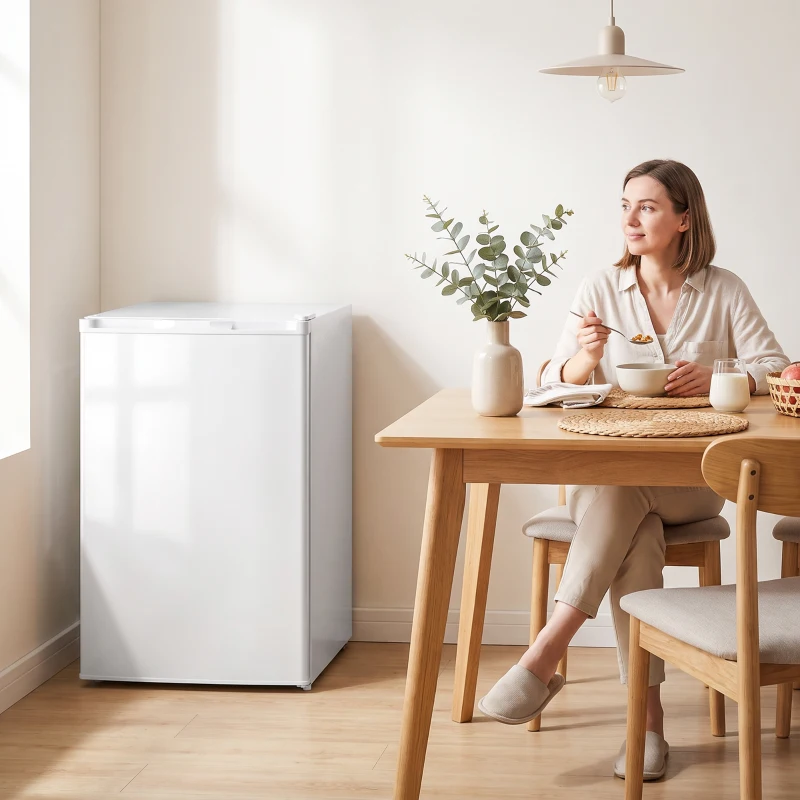 HOMCOM Mini-vriezer 85 liter, compacte vrijstaande vriezer met omkeerbare deur en instelbare temperatuur, wit