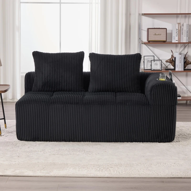 Bequemes Cordsofa mit zwei Sitzern, seitliche Aufbewahrungstasche für Fernbedienung und Handy, eingebauter Getränkehalter, 158X93X61 cm, Schwarz