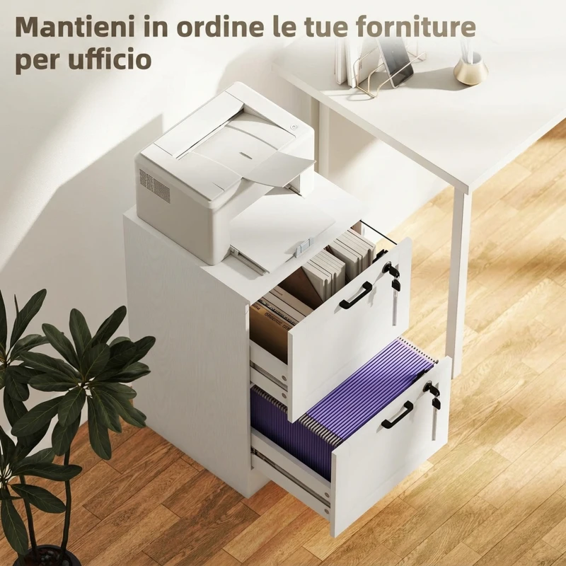 HOMCOM Cassettiera Portadocumenti a 2 Cassetti con Serrature e Spazio per Stampante, in Legno, 40x40x71 cm, Bianco