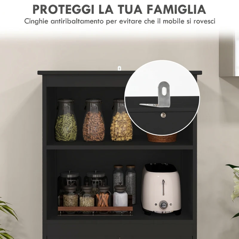 HOMCOM Credenza Cucina con 2 Ripiani Aperti e 2 Armadietti con Ante, Mobile Cucina in MDF e Vetro Temperato