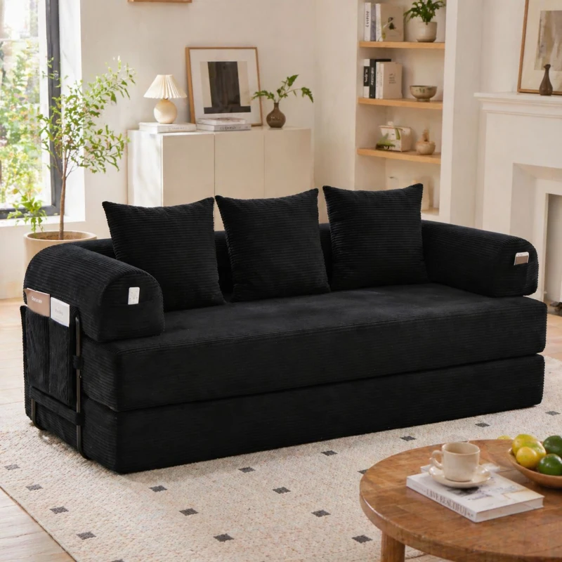 Faltbares Kompressionssofa mit stabilem Metallrahmen, Seitentaschen plus 3 Kissen, 200L x 94B x 67H cm,Schwarz