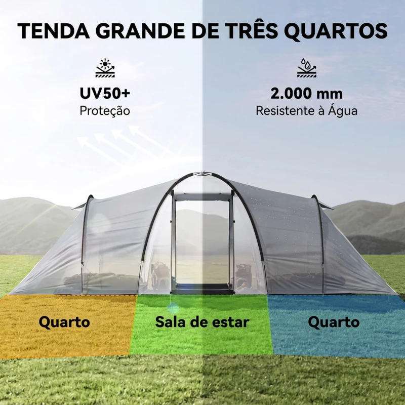 Outsunny Tenda de Campismo Familiar para 4-6 Pessoas Tenda Dobrável com 2 Janelas Impermeável Anti-UV 590x245x193 cm Cinza