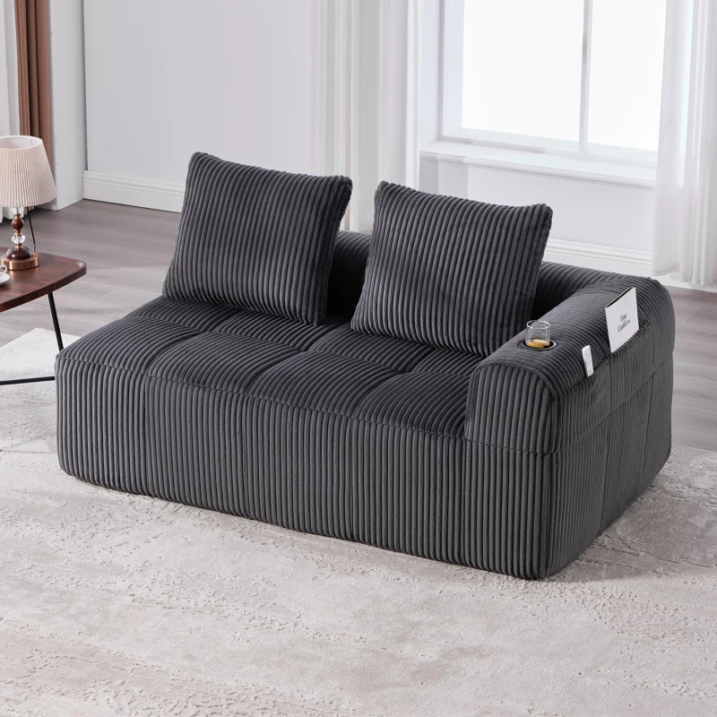 Bequemes Cordsofa mit zwei Sitzern, seitliche Aufbewahrungstasche für Fernbedienung und Handy, eingebauter Getränkehalter, 158X93X61 cm, Dunkelgrau