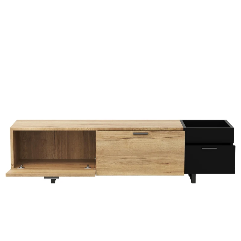 Moderner TV-Schrank, offene Fächer, große Schubladen und geschlossener Stauraum, 180L x 38B x 33H cm, Schwarz