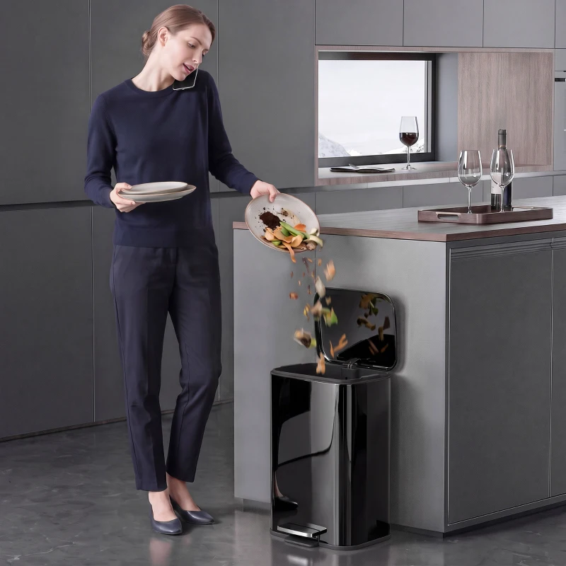 HOMCOM 20 L Kitchen Pedal Bin, Metal Rubbish Bin with Removable Inner Bucket, Soft-Close & Stay-Open Lid, High Gloss Black