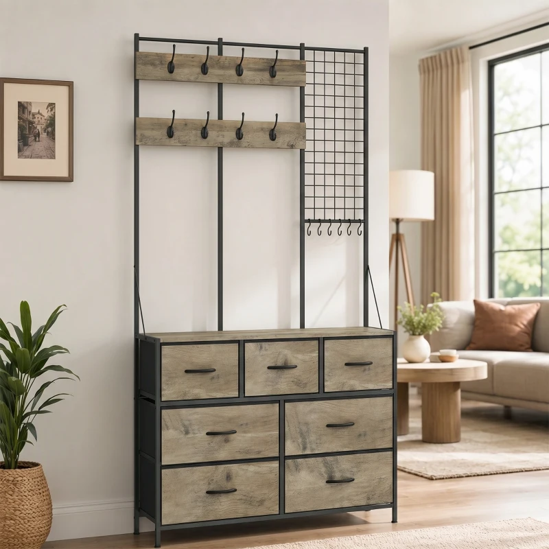 HOMCOM Cuier 4 în 1, Mobilier pentru hol cu 7 sertare pliabile din material textil, 14 cârlige şi panou grilaj, Gri cu efect de lemn