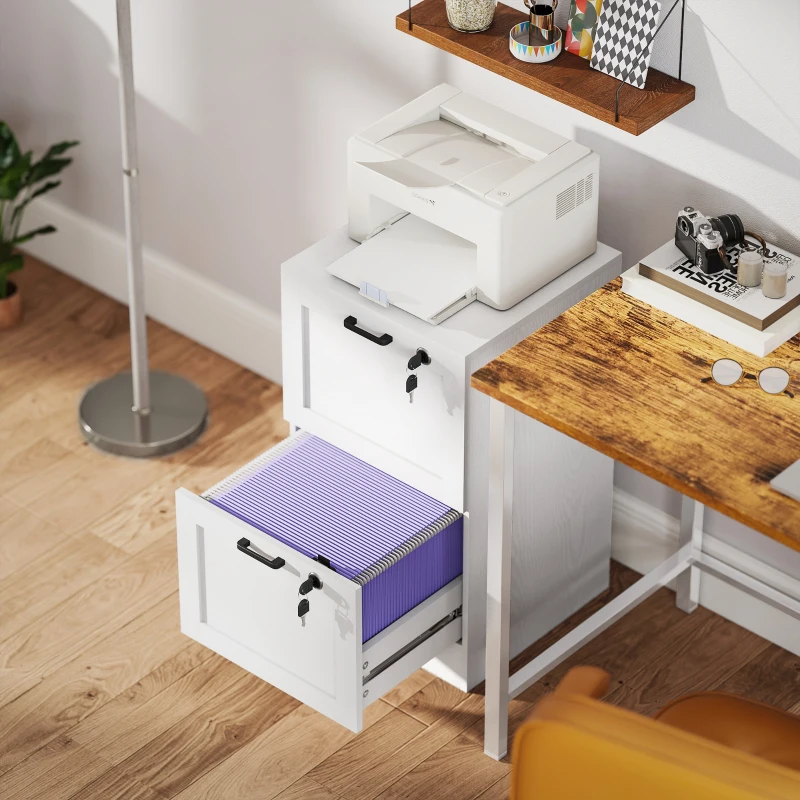 HOMCOM Cassettiera Portadocumenti a 2 Cassetti con Serrature e Spazio per Stampante, in Legno, 40x40x71 cm, Bianco