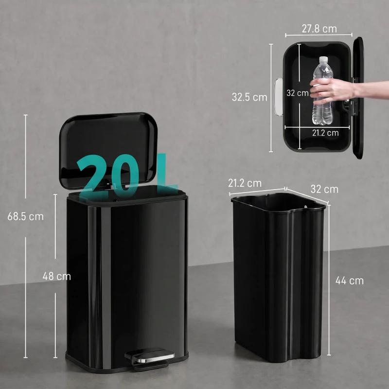HOMCOM 20 L Kitchen Pedal Bin, Metal Rubbish Bin with Removable Inner Bucket, Soft-Close & Stay-Open Lid, High Gloss Black