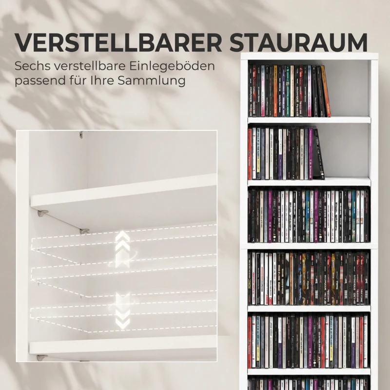 HOMCOM CD-/DVD-rek, 9 niveaus, smal staand rek met 6 verstelbare planken, voor 260 cd's, wit