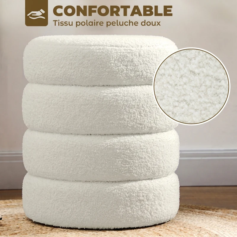 HOMCOM Repose pied salon, tabouret ottoman rond rembourré en peluche Teddy, pour chambre à coucher, entrée, Ø 40 x 45 cm, blanc