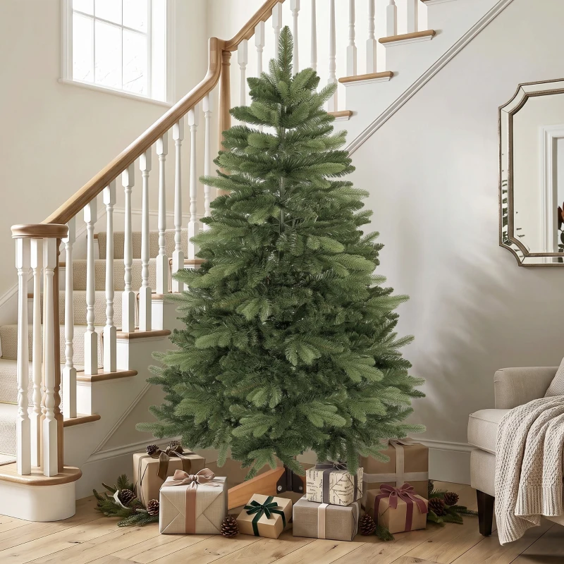 HOMCOM Kunstkerstboom 150 cm, edelspar, vol model met scharniertakken, 525 takpunten, inklapbare houten standaard, groen