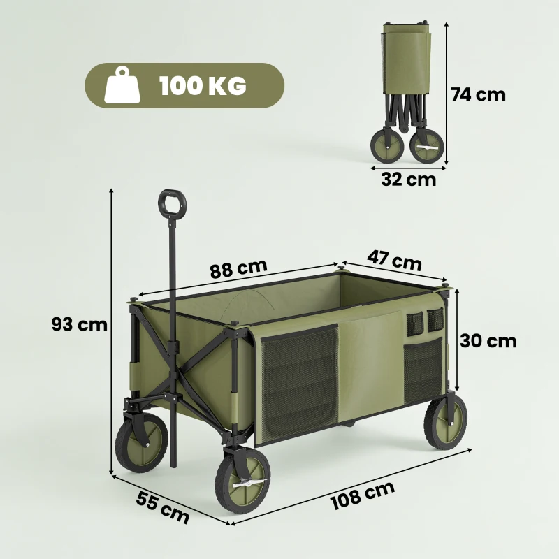 Outsunny Carro Plegable de Transporte con Mango Telescópico Tablero Plegable y 5 Bolsillos para Jardín 108x55x93 cm Verde