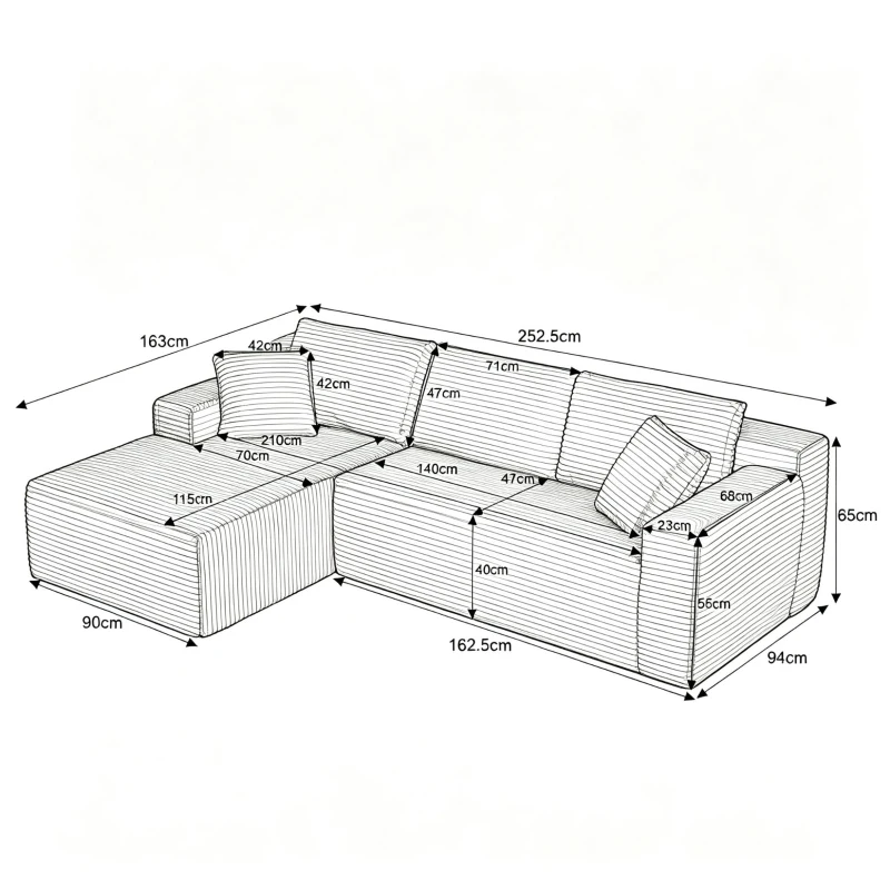Moduläres L-förmiges 3-Sitzer-Sofa, gefertigt aus atmungsaktivem Stoff und hochwiderstandsfähigem Memory-Schaumstoff, mit abnehmbarer Rückenlehne und Nackenkissen, Maße 252,5L x 163B x 65H cm, Schwarz