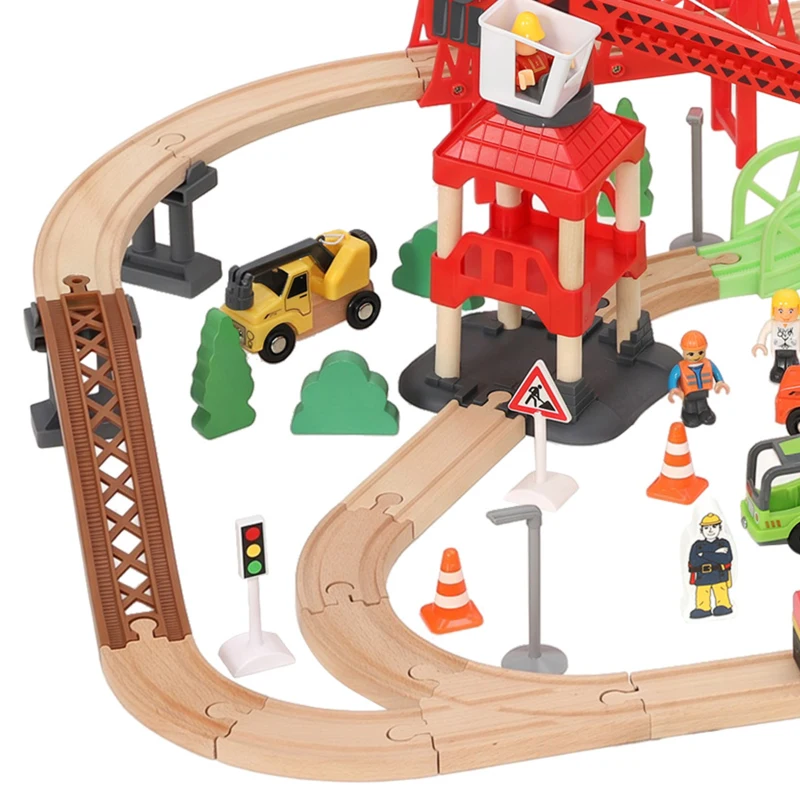 AIYAPLAY 91-Piece Wooden Train Set, Toy Train with Magnetic Crane, Sound Effects Track, for Kids Ages 3+