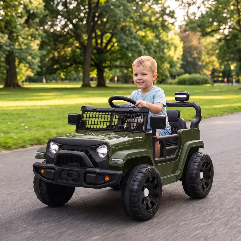 AIYAPLAY 12V Electric Car for Kids with Remote, Dual Motors, Rear Suspension, Soft Start, Music, Lights for 3-8 Years, Dark Green