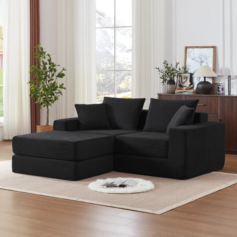 Knochenlose Sofabestuhlung mit rutschfester Basis, mit breiten Armlehnen, bequemen Rückenlehnen und einem hochelastischen Polster, Maße 259,5 L x 96 B x 64,5 H cm, Schwarz