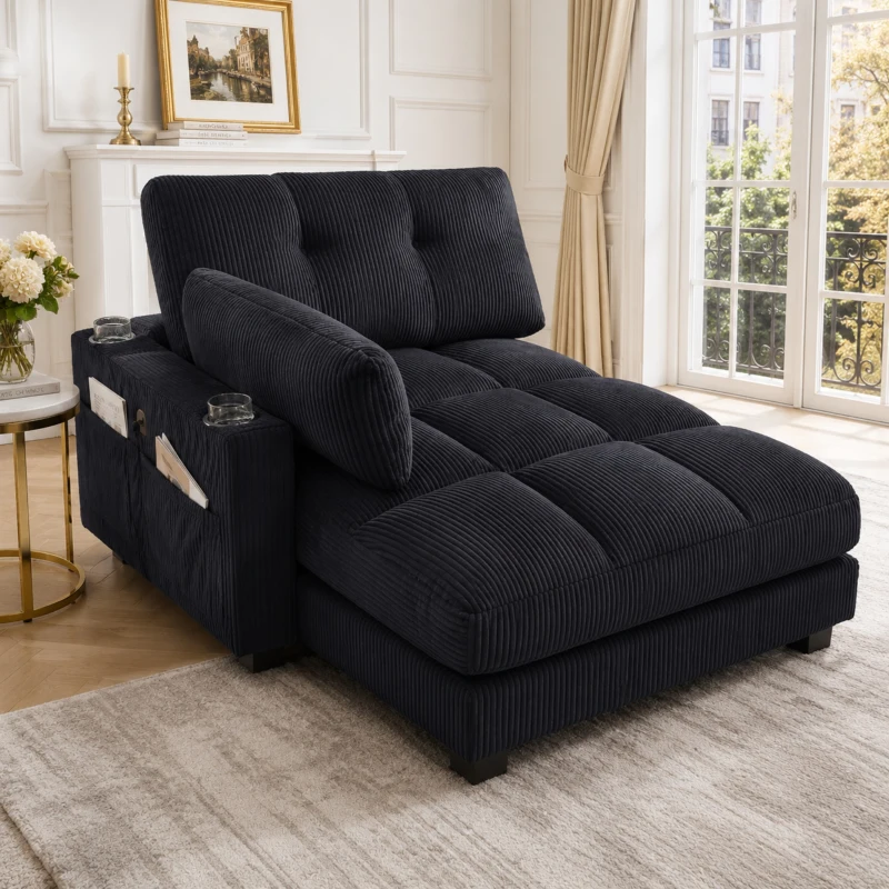 Palm-Sessel mit austauschbaren linken und rechten Armlehnen, drei Becherhaltern und einer Seitentasche, USB-Anschlüssen an den Seitenlehnen, 140L x 112B x 81H,Schwarz