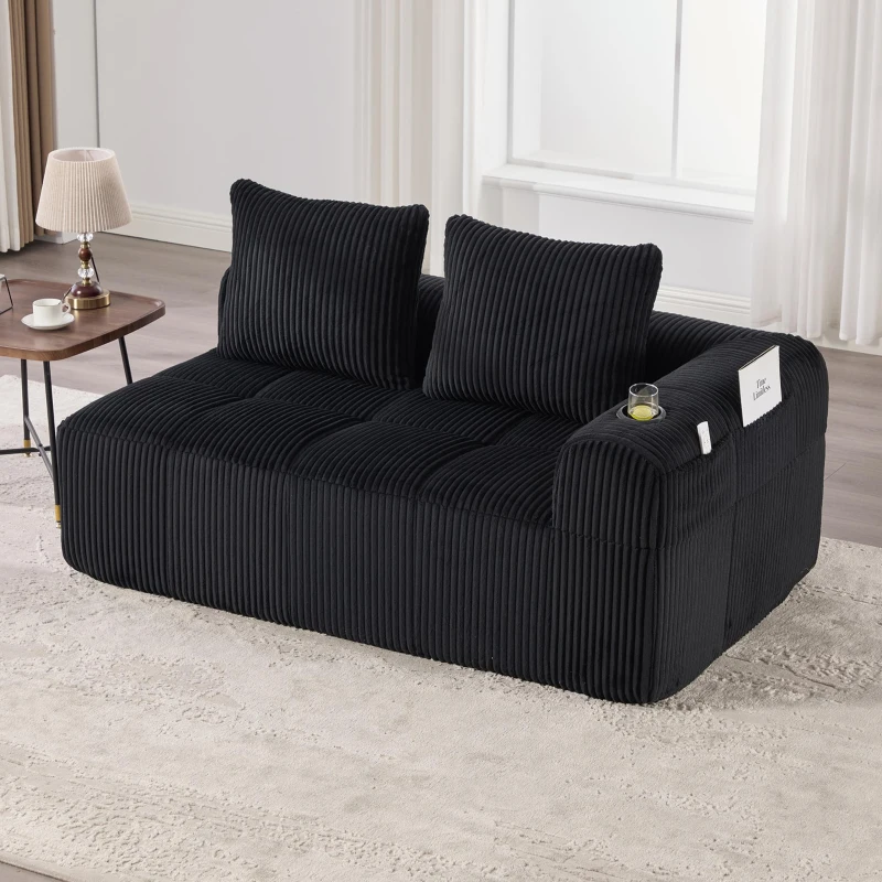 Bequemes Cordsofa mit zwei Sitzern, seitliche Aufbewahrungstasche für Fernbedienung und Handy, eingebauter Getränkehalter, 158X93X61 cm, Schwarz