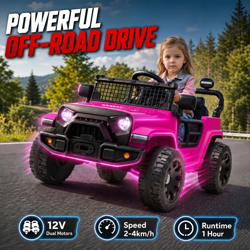 AIYAPLAY 12V Electric Car for Kids with Remote, Dual Motors, Rear Suspension, Soft Start, Music, Lights for 3-8 Years, Pink