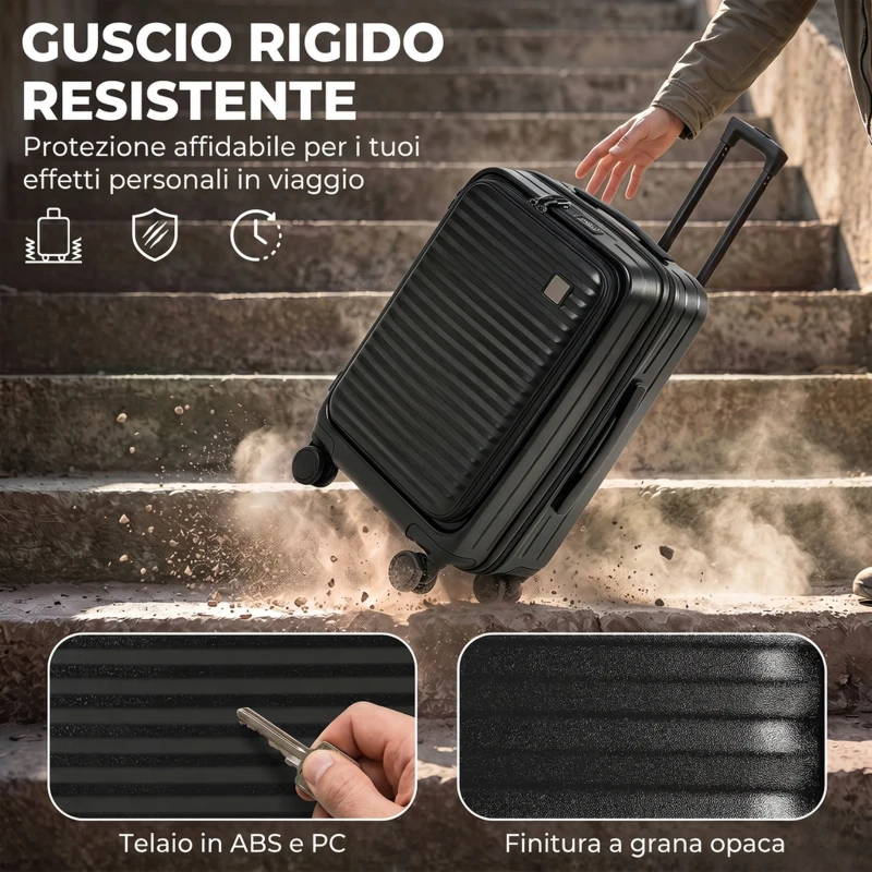 HOMCOM Valigia Rigida Piccola 48L Espandibile con 4 Ruote e Scomparto per Laptop, 56x36x24 cm, Nero