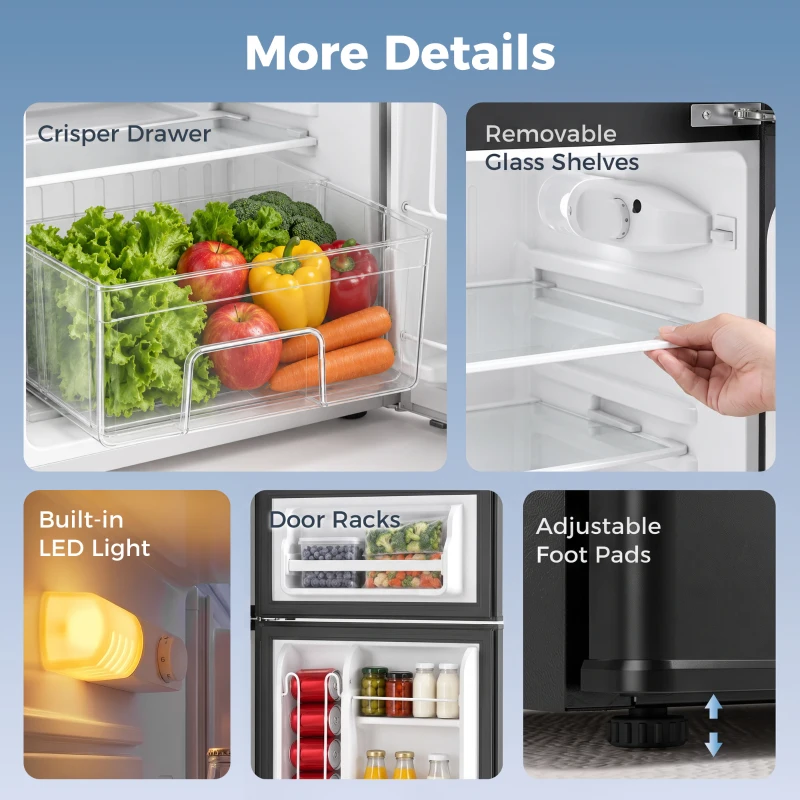 HOMCOM Mini Réfrigérateur Congélateur 90 L, Petit Frigo Compact Silencieux, 2 Portes Réversibles, Thermostat Réglable, Noir