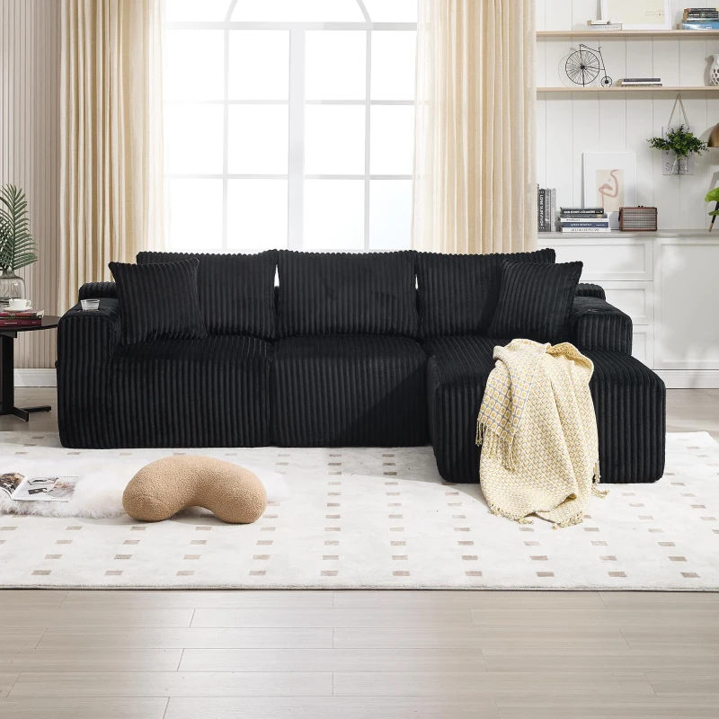 Modulares Sofaset mit Liegestühlen und Doppelbetten, 5 Kissen und 2 Getränkehaltern， 257X160X62 cm, Schwarz