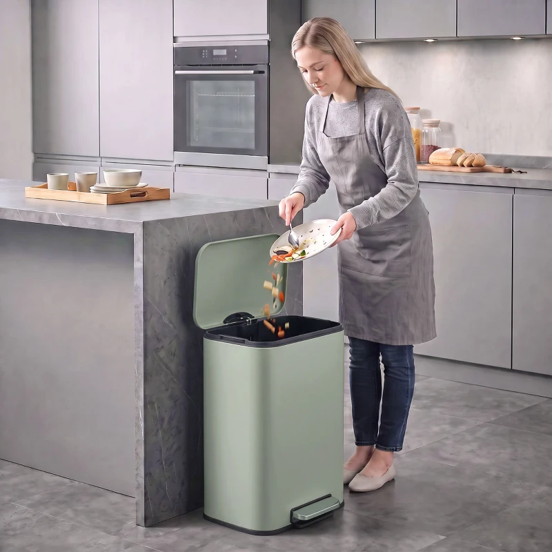 HOMCOM 50 L Kitchen Pedal Bin, Metal Rubbish Bin with Removable Inner Bucket, Soft-Close & Stay-Open Lid, Light Green