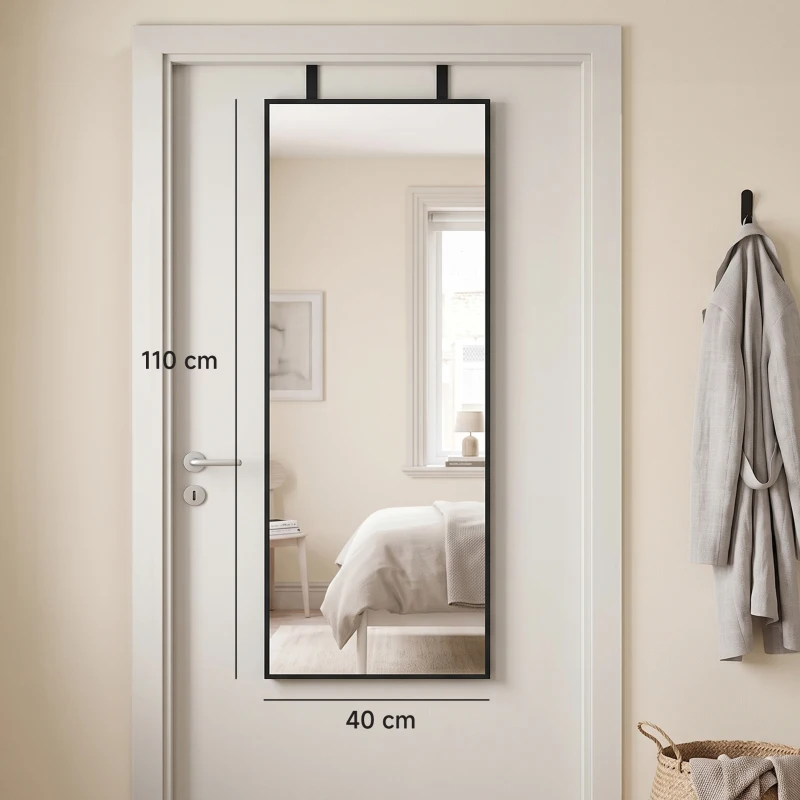 HOMCOM Oglindă de perete dreptunghiulară pentru ușă, oglindă decorativă mare pentru dormitor din sticlă temperată 110 x 40 cm, negru