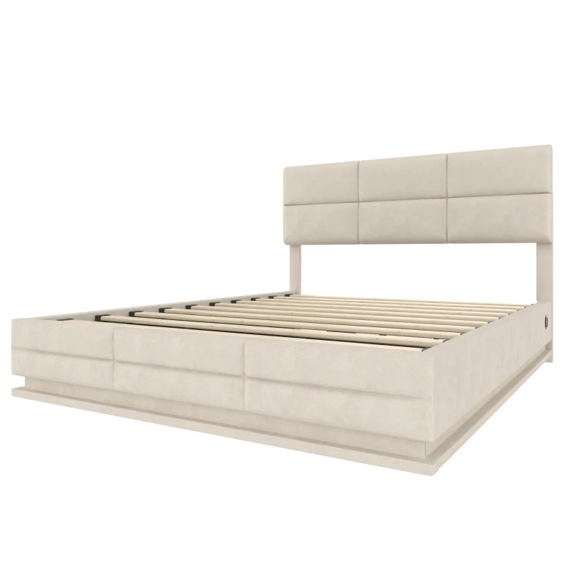Das samtgepolsterte Bett misst 180 x 200 cm, verfügt über verstellbare Kopfteilhöhe, LED-Beleuchtung und XXL-Stauraum. Es ist ohne Matratze erhältlich, mit den Gesamtmaßen 182 cm x 206 cm x (105-110-115 cm), Beige