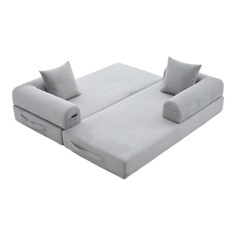 Faltbares Kompressionssofa mit stabilem Metallrahmen, Seitentaschen plus 3 Kissen, 200L x 94B x 67H cm,Hellgrau