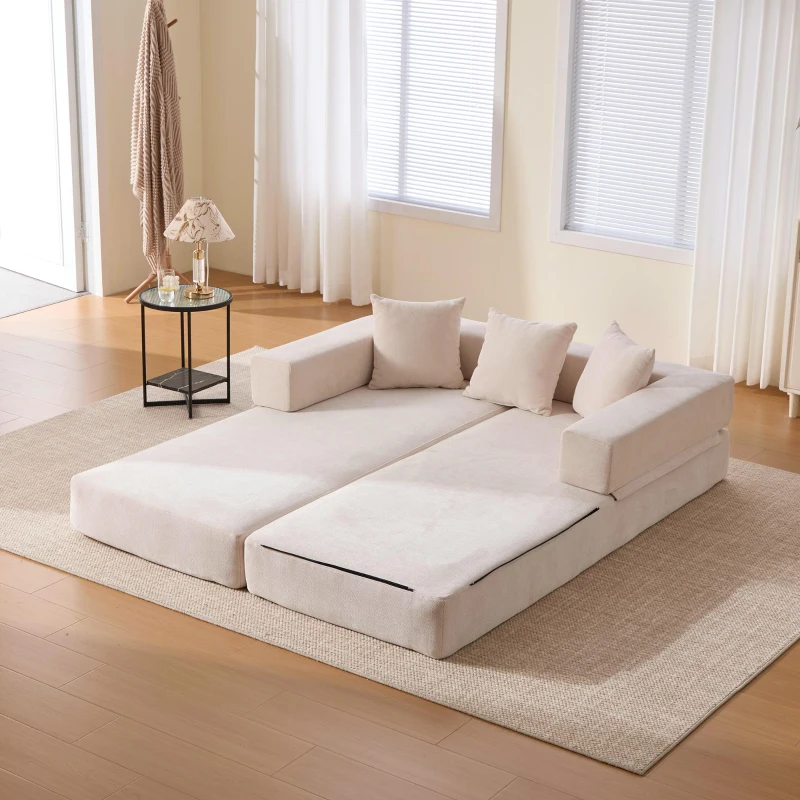 Modulares Chenille-Block-Sofa, frei kombinierbar, mit Seitentaschen zur Verstauung und rutschfestem Fahrgestell, Maße 198L x 79B x 60H cm, Beige